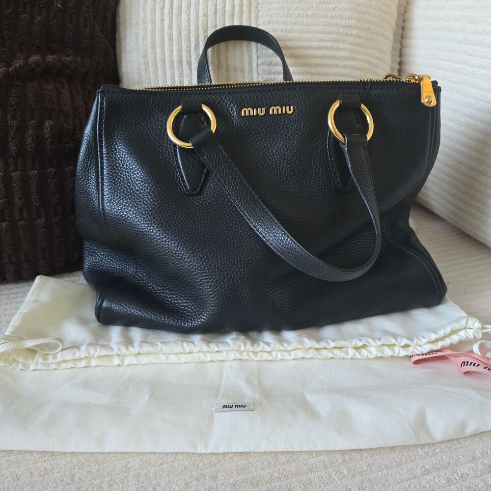 Miu Miu Black Vitello Caribu Leather Double Zip Large Tote Bag Gold
